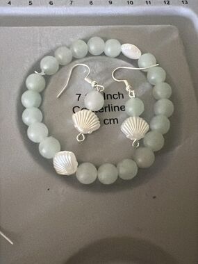 Seafoam Green Beaded Bracelet and Shell Earrings Set